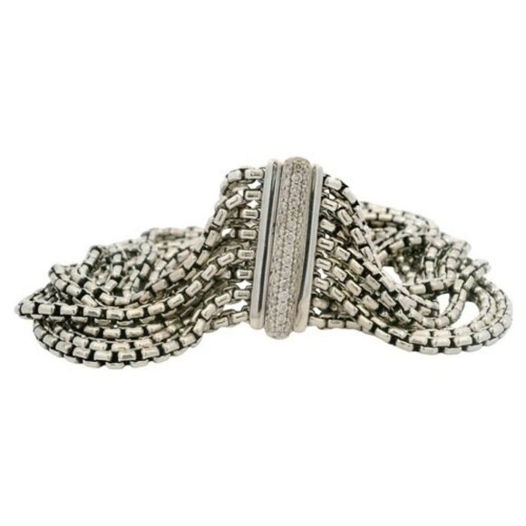 David Yurman 925 Sterling Silver 8-Strand Box Chain Diamond Clasp Bracelet 6.75" - Picture 4 of 5